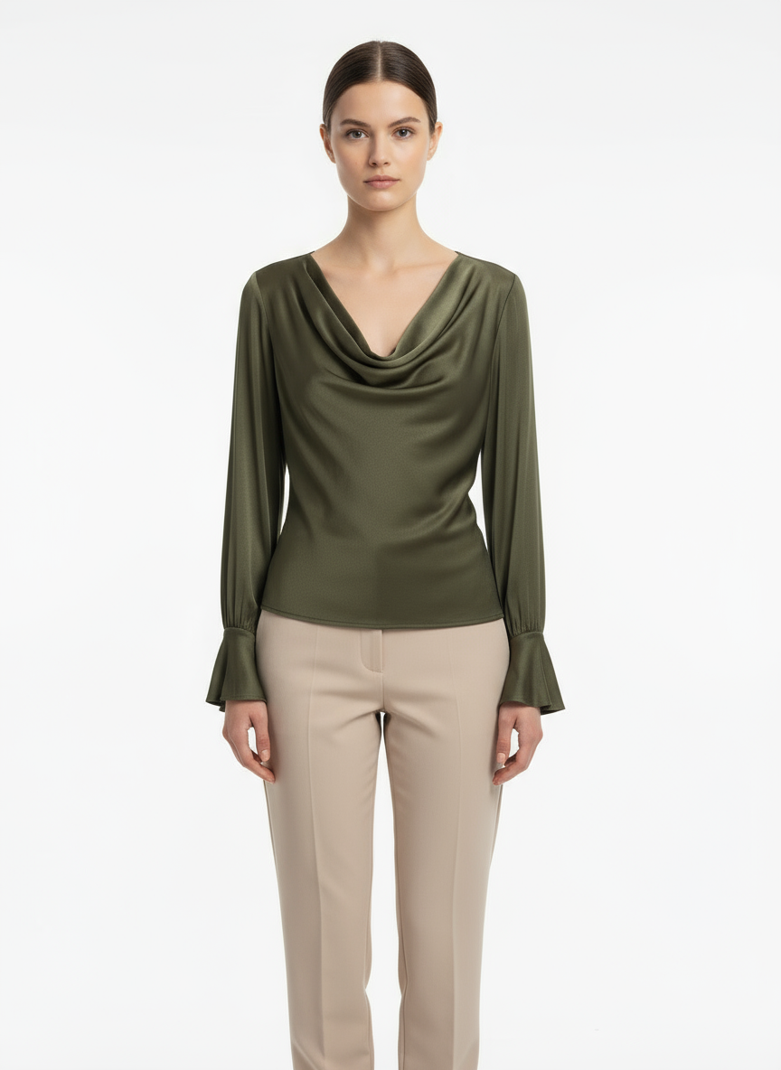 Σατέν μπλούζα ντραπε χακί