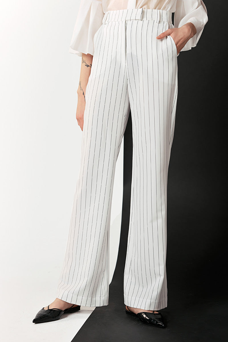Λευκό Παντελόνι με Μαύρη Ρίγα Flare Ψηλόμεσο - Striped