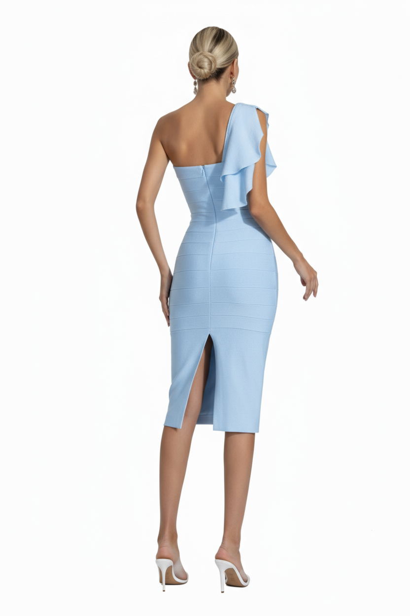 Baby Blue Bandage Midi Φόρεμα One Shoulder για Γάμο & Βάπτιση