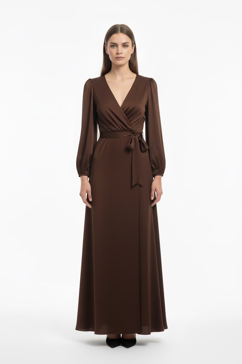 Σατέν Μάξι Φόρεμα Κρουαζέ με Ζώνη