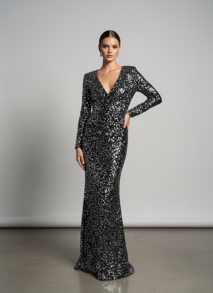 Μαξι φόρεμα παγιετένιο ασημί