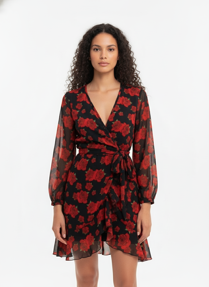 Κρουαζέ Κοντό Φόρεμα Μαύρο Floral με Τριαντάφυλλα – Athénée