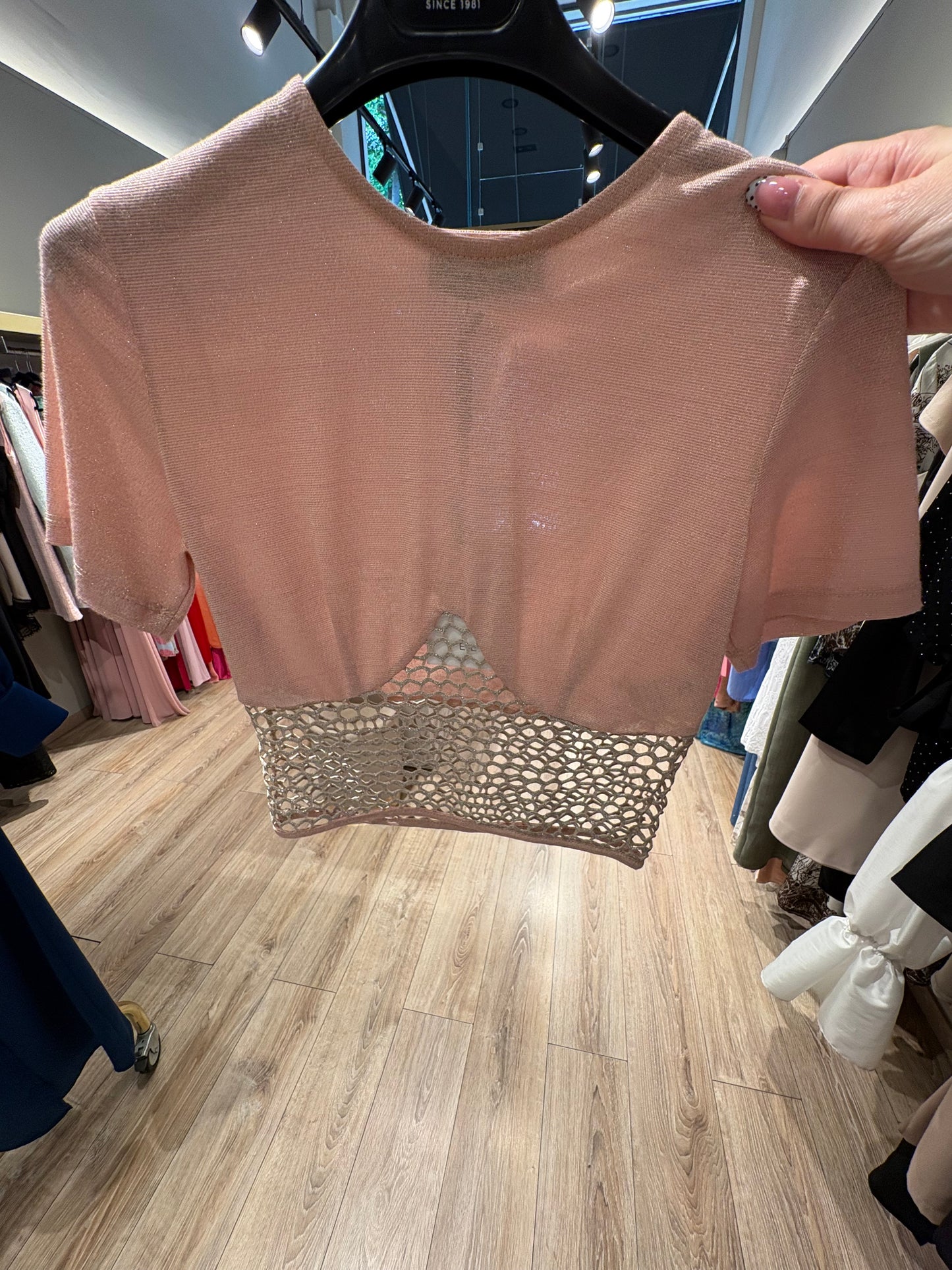 Crop top κοντομάνικο lurex ροζ & σιέλ