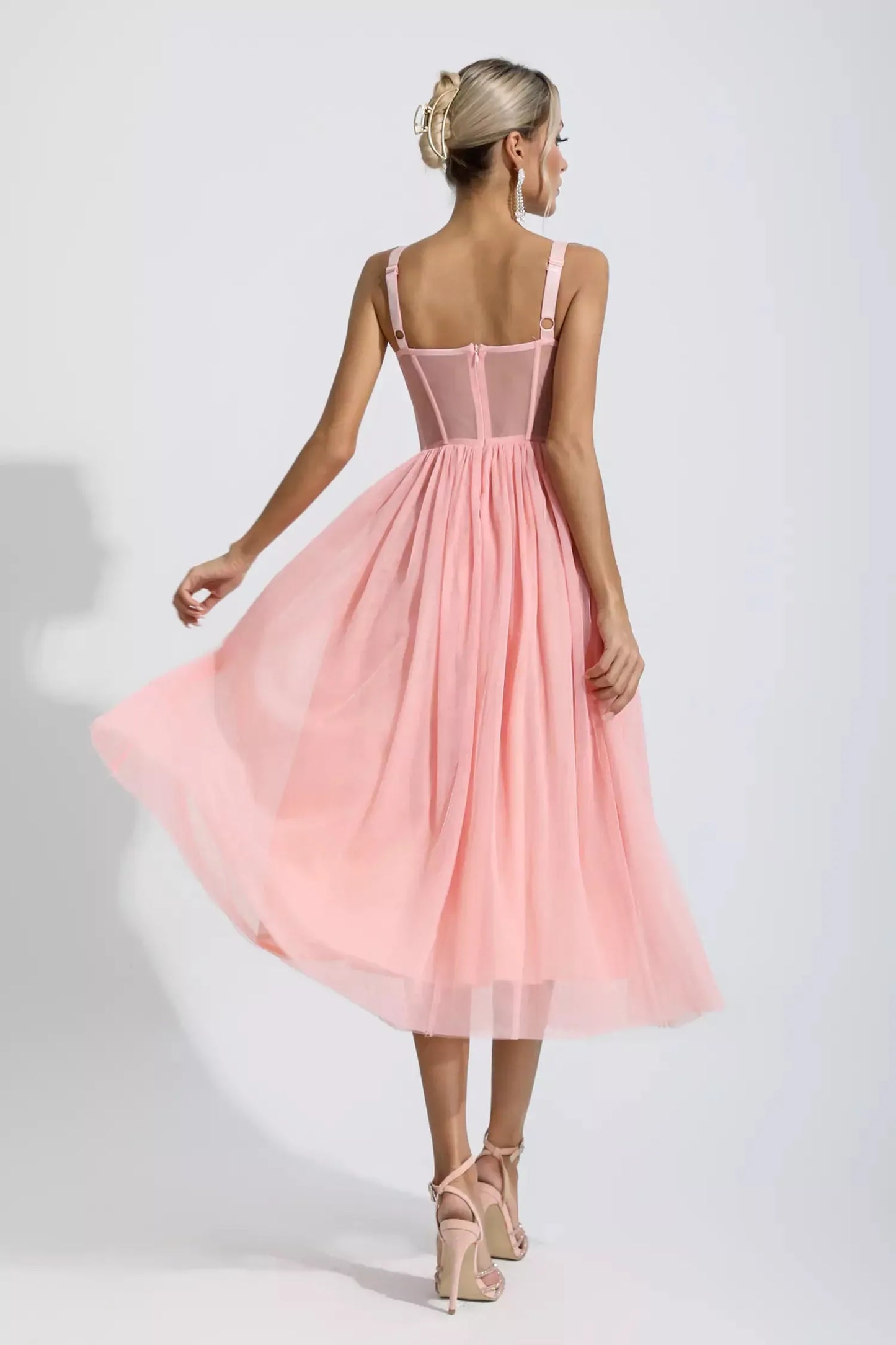 Midi Τούλινο Φόρεμα Ροζ με Cups & Κορσέ