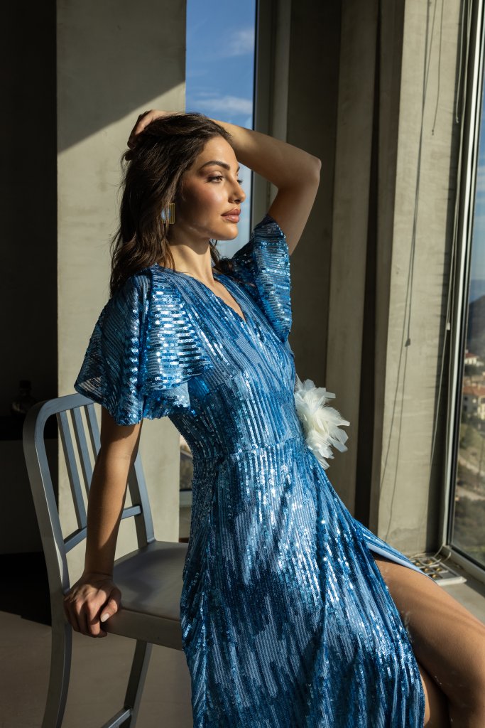 Γαλάζιο Maxi Φόρεμα με Παγιέτες Κρουαζέ – Επίσημο