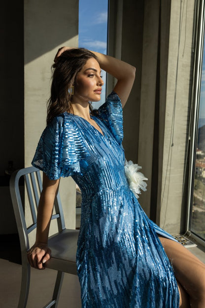 Γαλάζιο Maxi Φόρεμα με Παγιέτες Κρουαζέ – Επίσημο