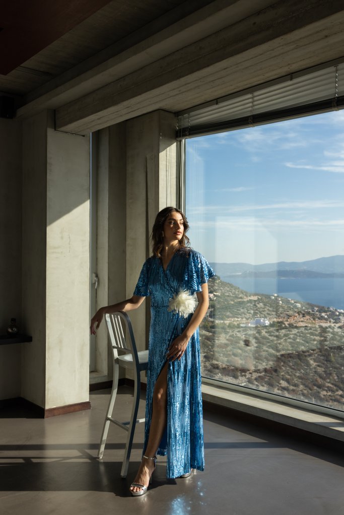 Γαλάζιο Maxi Φόρεμα με Παγιέτες Κρουαζέ – Επίσημο