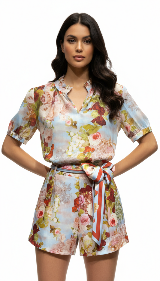 Φλοραλ σορτς με μπλούζα σετ