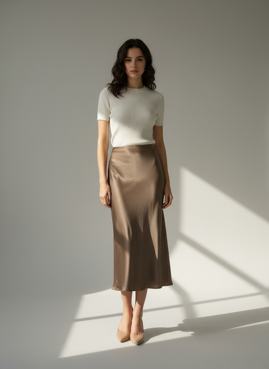 Midi φούστα σατέν μαύρο , μπεζ , γκρι , χακί , taupe