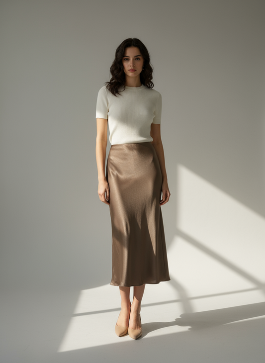 Midi φούστα σατέν μαύρο , μπεζ , γκρι , χακί , taupe