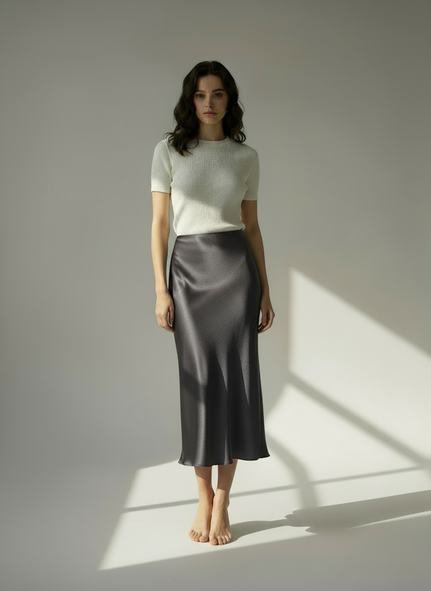 Midi φούστα σατέν μαύρο , μπεζ , γκρι , χακί , taupe