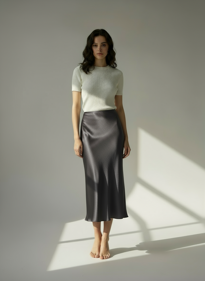 Midi φούστα σατέν μαύρο , μπεζ , γκρι , χακί , taupe