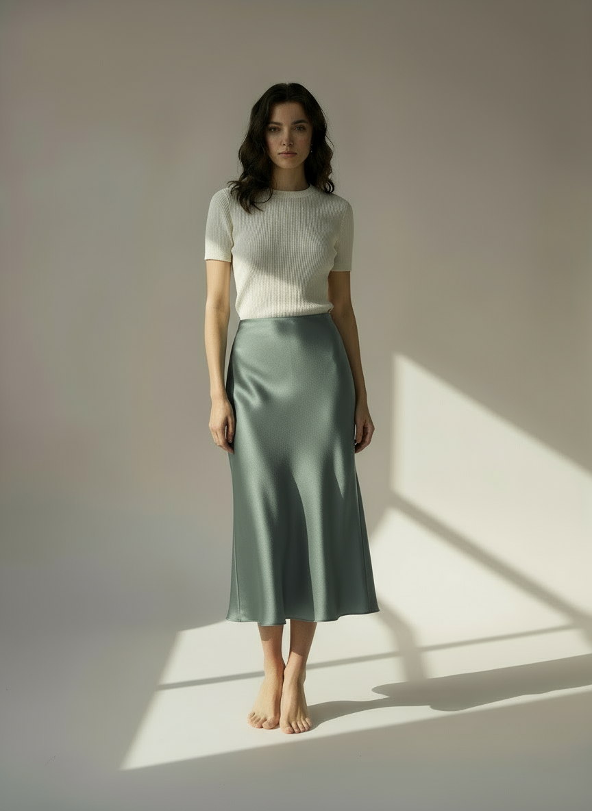 Midi φούστα σατέν μαύρο , μπεζ , γκρι , χακί , taupe