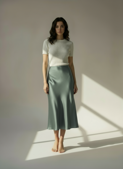 Midi φούστα σατέν μαύρο , μπεζ , γκρι , χακί , taupe