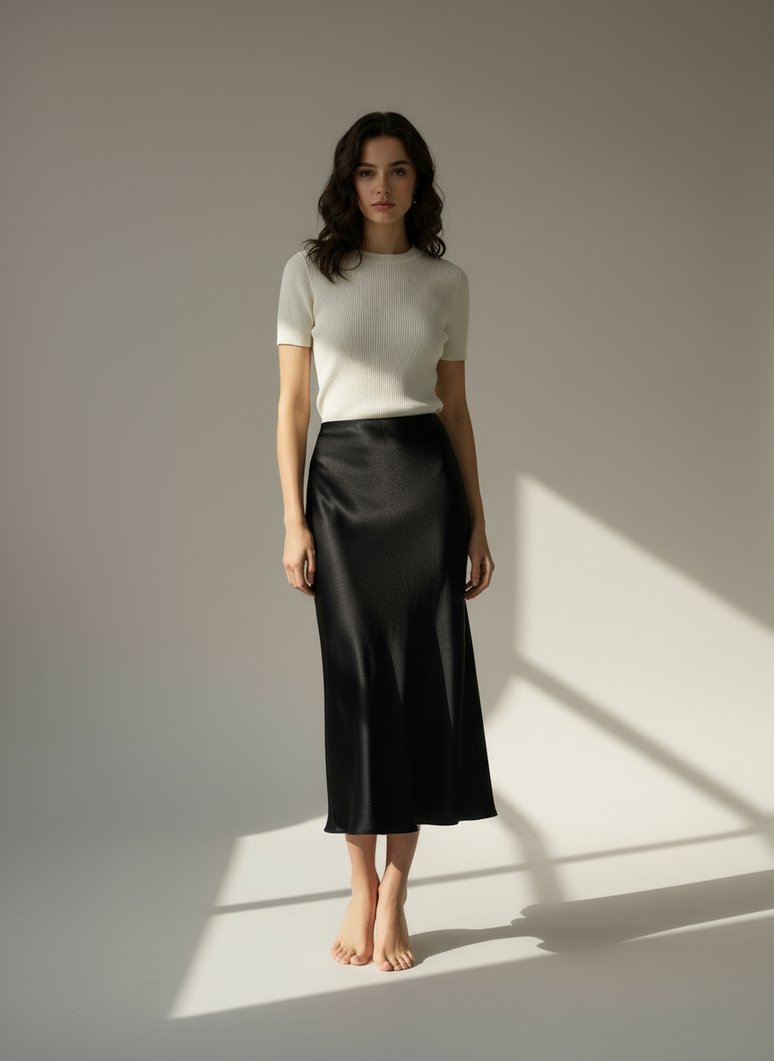 Midi φούστα σατέν μαύρο , μπεζ , γκρι , χακί , taupe