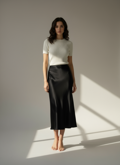 Midi φούστα σατέν μαύρο , μπεζ , γκρι , χακί , taupe