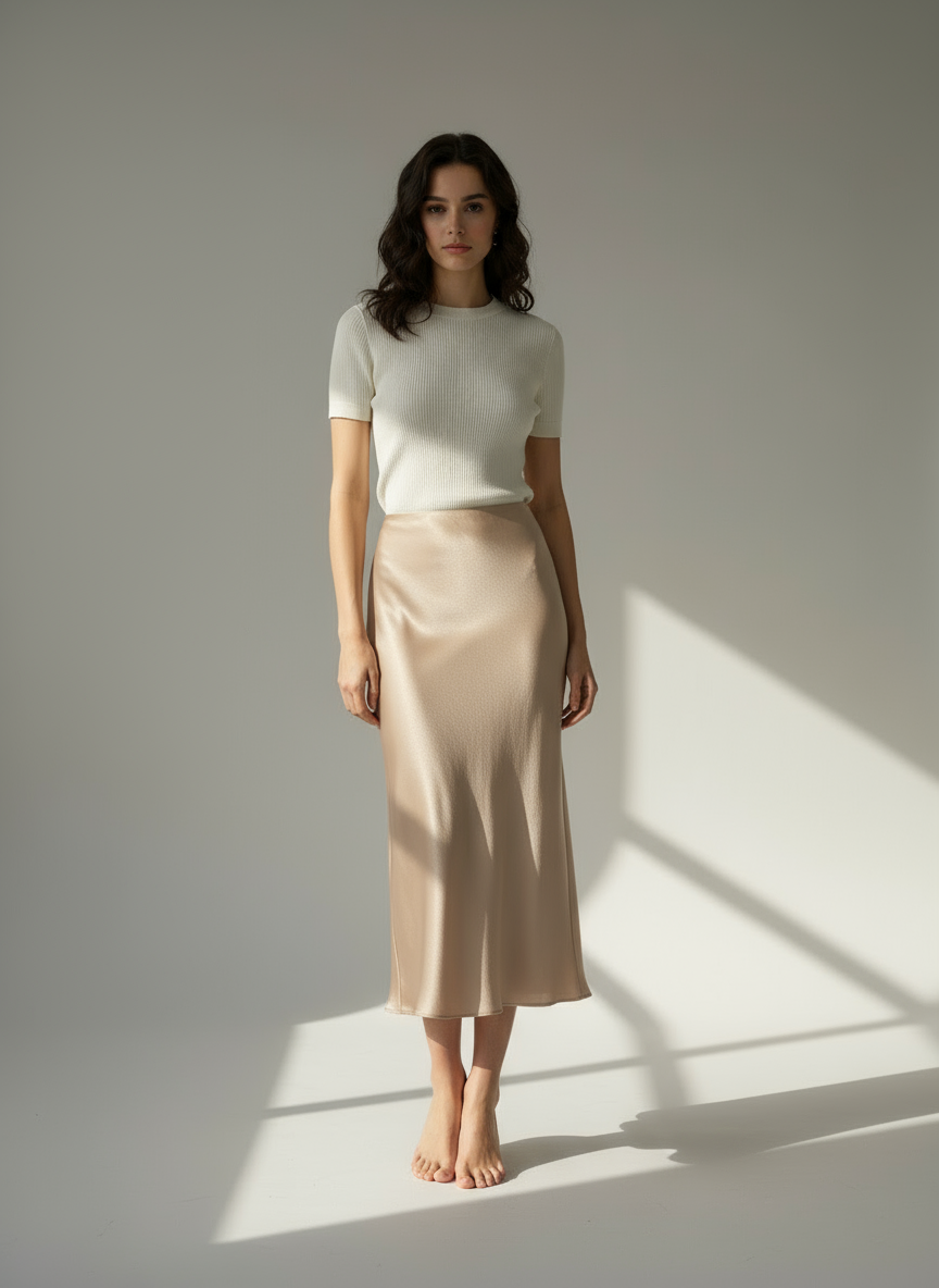 Midi φούστα σατέν μαύρο , μπεζ , γκρι , χακί , taupe