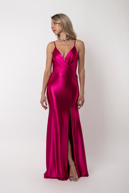Ματζέντα σατέν maxi φόρεμα με ανοιχτή πλάτη