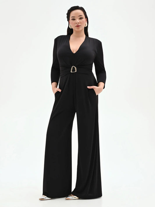 Rinascimento Ολόσωμη Φόρμα Μαύρη με Μακρύ Μανίκι Plus Size