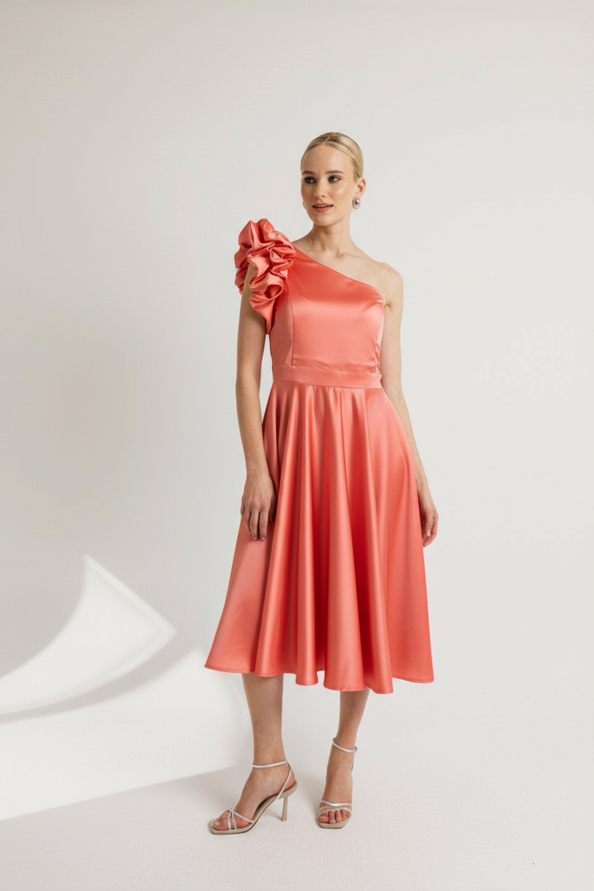 Σατέν Midi Φόρεμα Baby Blue με Βολάν στον Ώμο