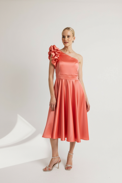 Σατέν Midi Φόρεμα Baby Blue με Βολάν στον Ώμο