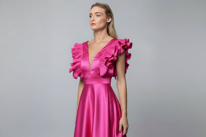 Magenta Σατέν Μάξι Φόρεμα με Βολάν – Επίσημο για Γάμο & Εκδήλωση