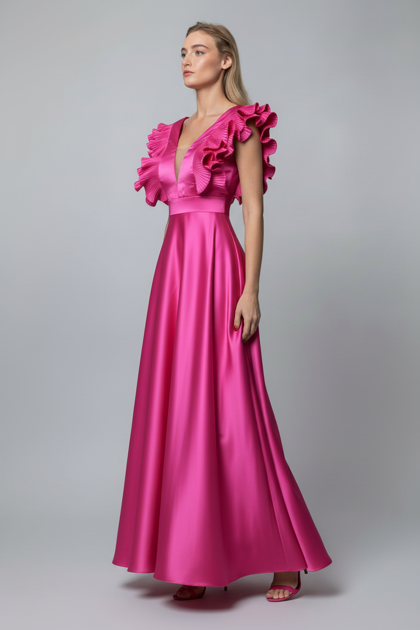 Magenta Σατέν Μάξι Φόρεμα με Βολάν – Επίσημο για Γάμο & Εκδήλωση