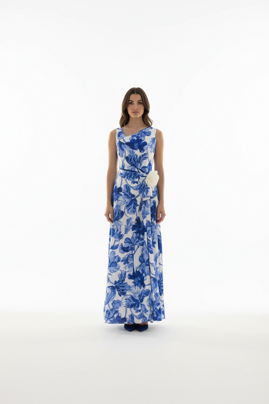 Μπλε φλοραλ φόρεμα με βολάν και ντραπε ντεκολτέ