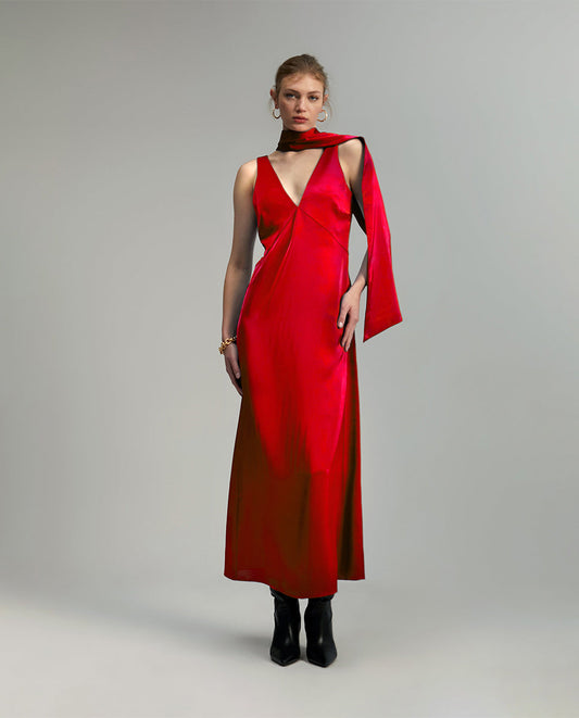 Κόκκινο maxi φόρεμα με φουλάρι Lola Casademunt boutique Λάρισα Katerina Michali