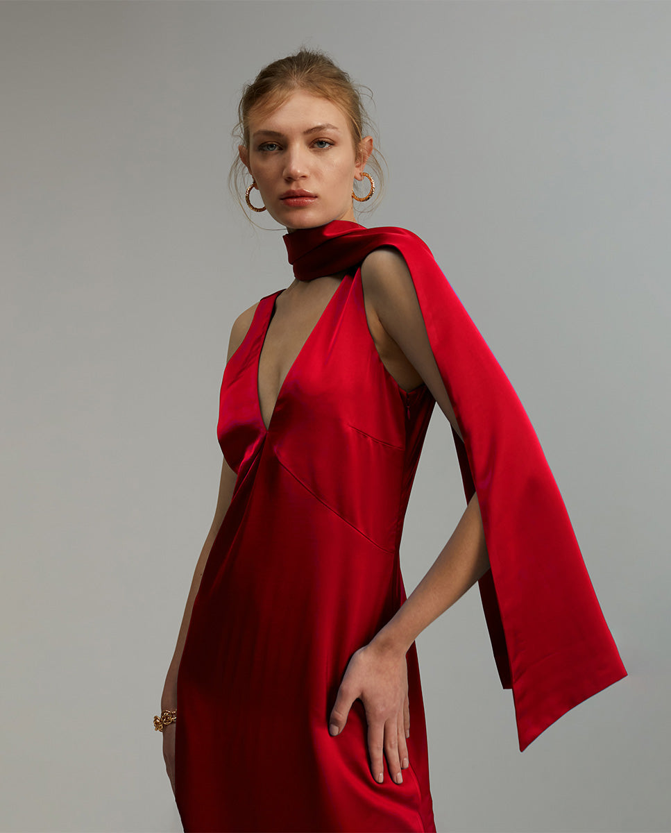 Maxi Βραδινό Φόρεμα Κόκκινο με Φουλάρι – Lola Casademunt