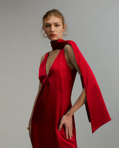 Maxi Βραδινό Φόρεμα Κόκκινο με Φουλάρι – Lola Casademunt
