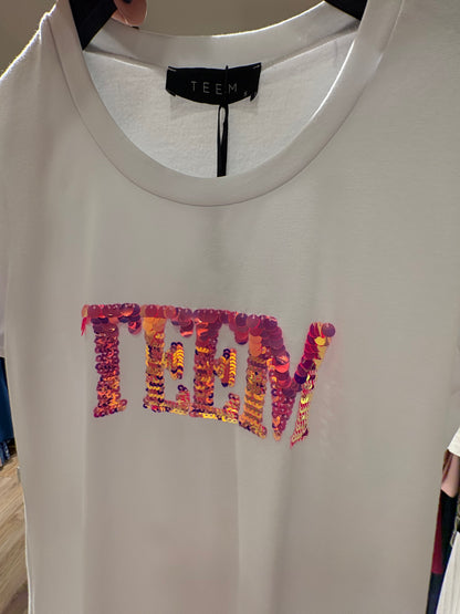 Λευκό T-shirt με λογότυπο teem από mermaid παγιέτες