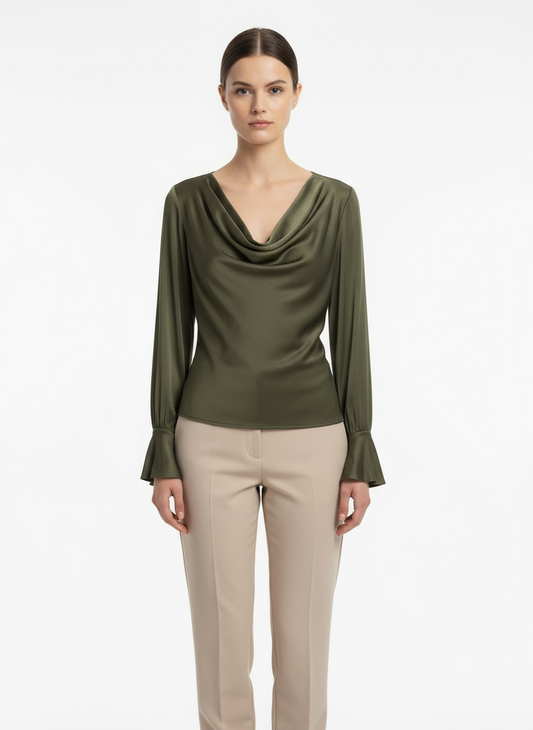 Σατέν μπλούζα ντραπε χακί