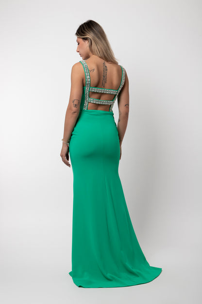 Maxi φόρεμα με ανοιχτή πλάτη και strass τιράντες