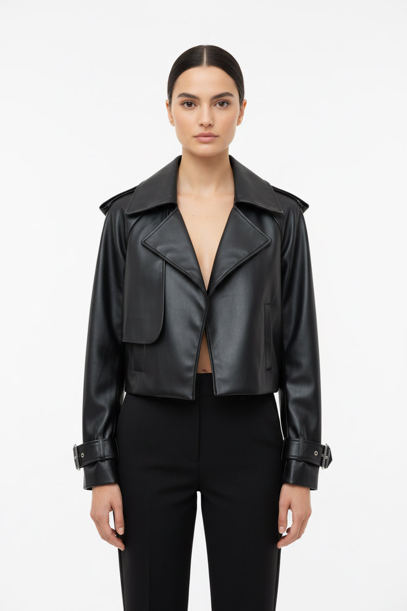 Crop Jacket Μαύρο Δερματίνη Γυναικείο - Κοντό Σακάκι