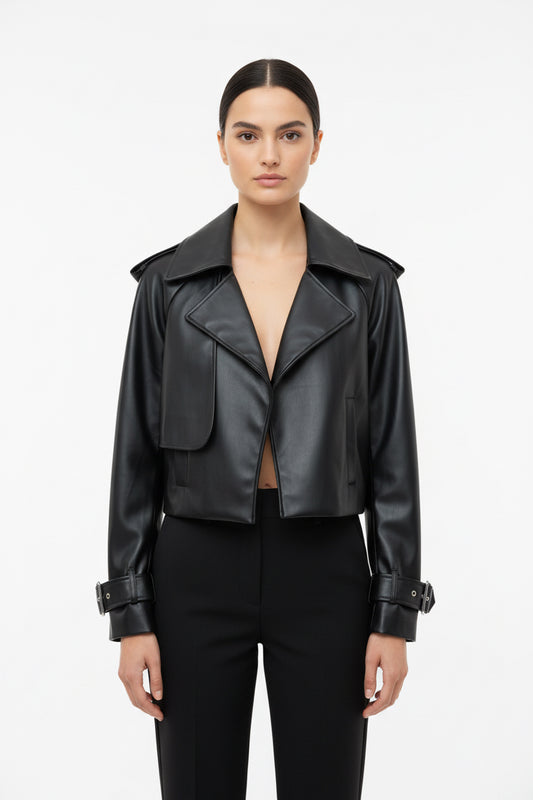 Crop Jacket Μαύρο Δερματίνη Γυναικείο - Κοντό Σακάκι