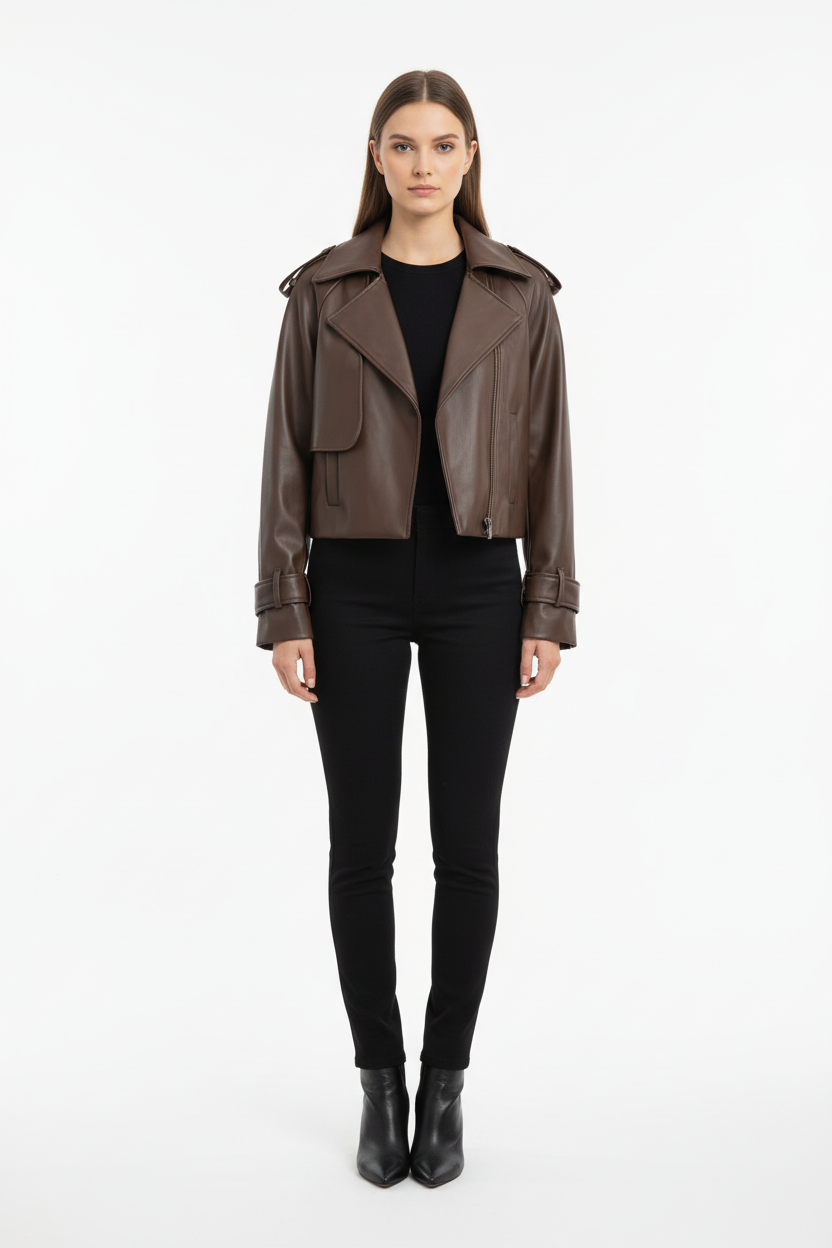 Crop Jacket Δερματίνη Καφέ Γυναικείο - Κοντό Σακάκι