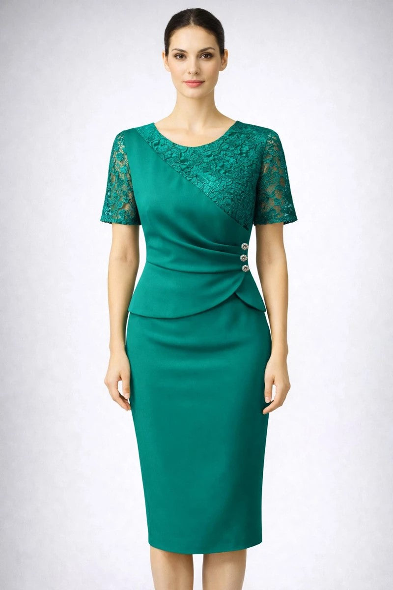 Πράσινο midi επίσημο φόρεμα με δαντέλα μπροστά