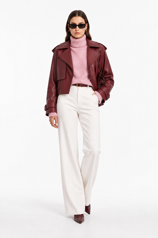 Crop Jacket Μπορντώ Δερματίνη  - Κοντό Σακάκι