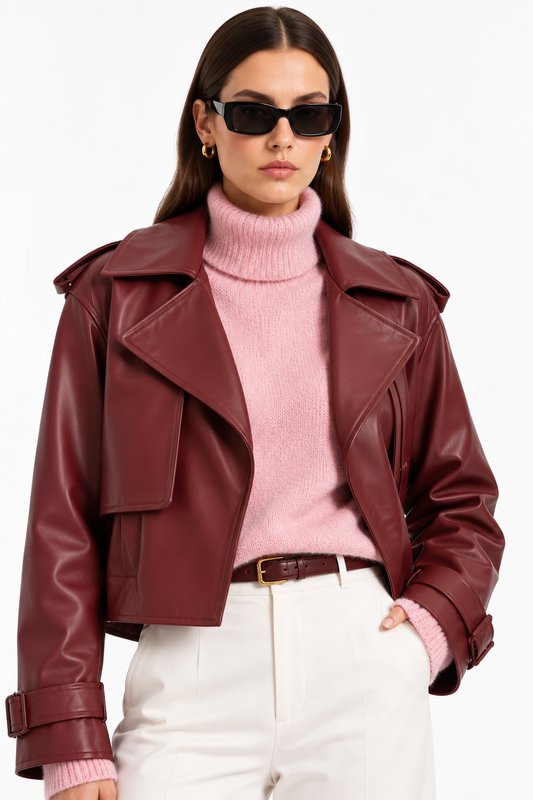 Crop Jacket Μπορντώ Δερματίνη  - Κοντό Σακάκι
