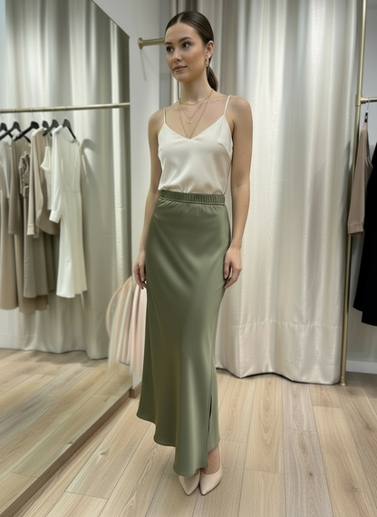 Midi φούστα σατέν μαύρο , μπεζ , γκρι , χακί , taupe