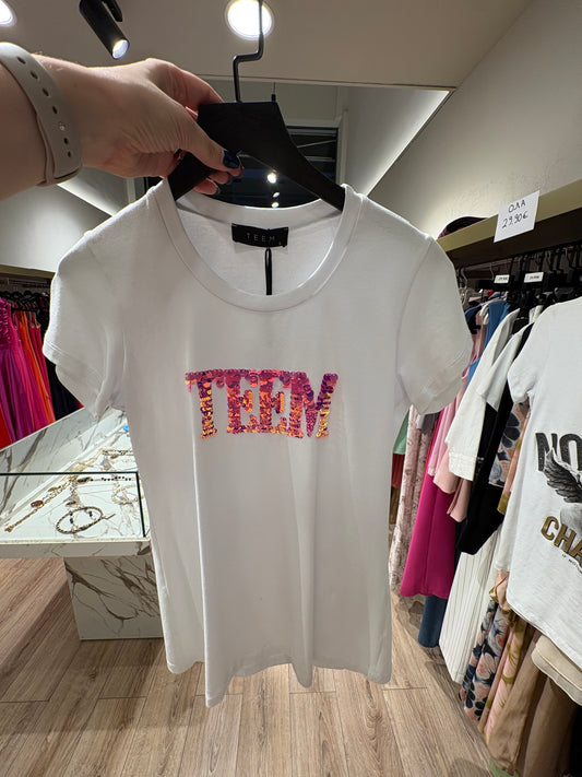 Λευκό T-shirt με λογότυπο teem από mermaid παγιέτες