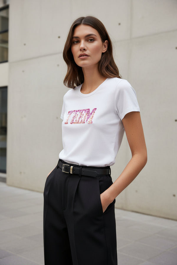 Λευκό T-shirt με λογότυπο teem από mermaid παγιέτες