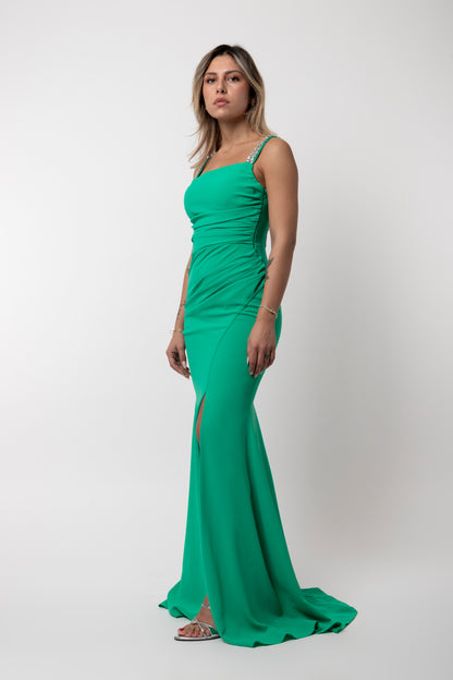 Maxi φόρεμα με ανοιχτή πλάτη και strass τιράντες