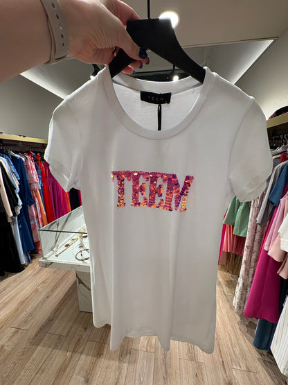 Λευκό T-shirt με λογότυπο teem από mermaid παγιέτες