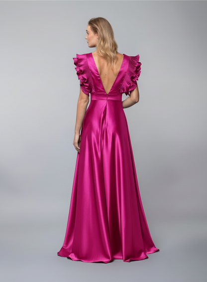 Magenta Σατέν Μάξι Φόρεμα με Βολάν – Επίσημο για Γάμο & Εκδήλωση