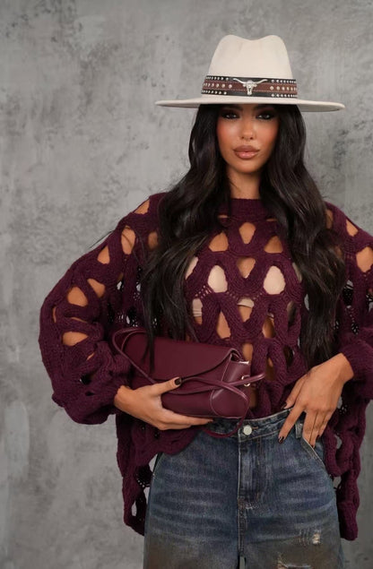 Πλεκτή μπλούζα διχτυωτή μπορντώ