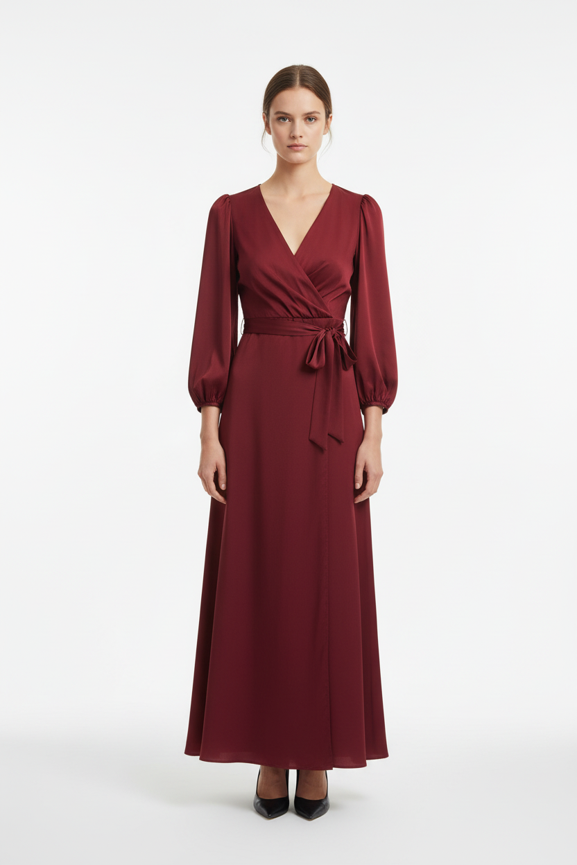 Σατέν Μάξι Φόρεμα Κρουαζέ με Ζώνη