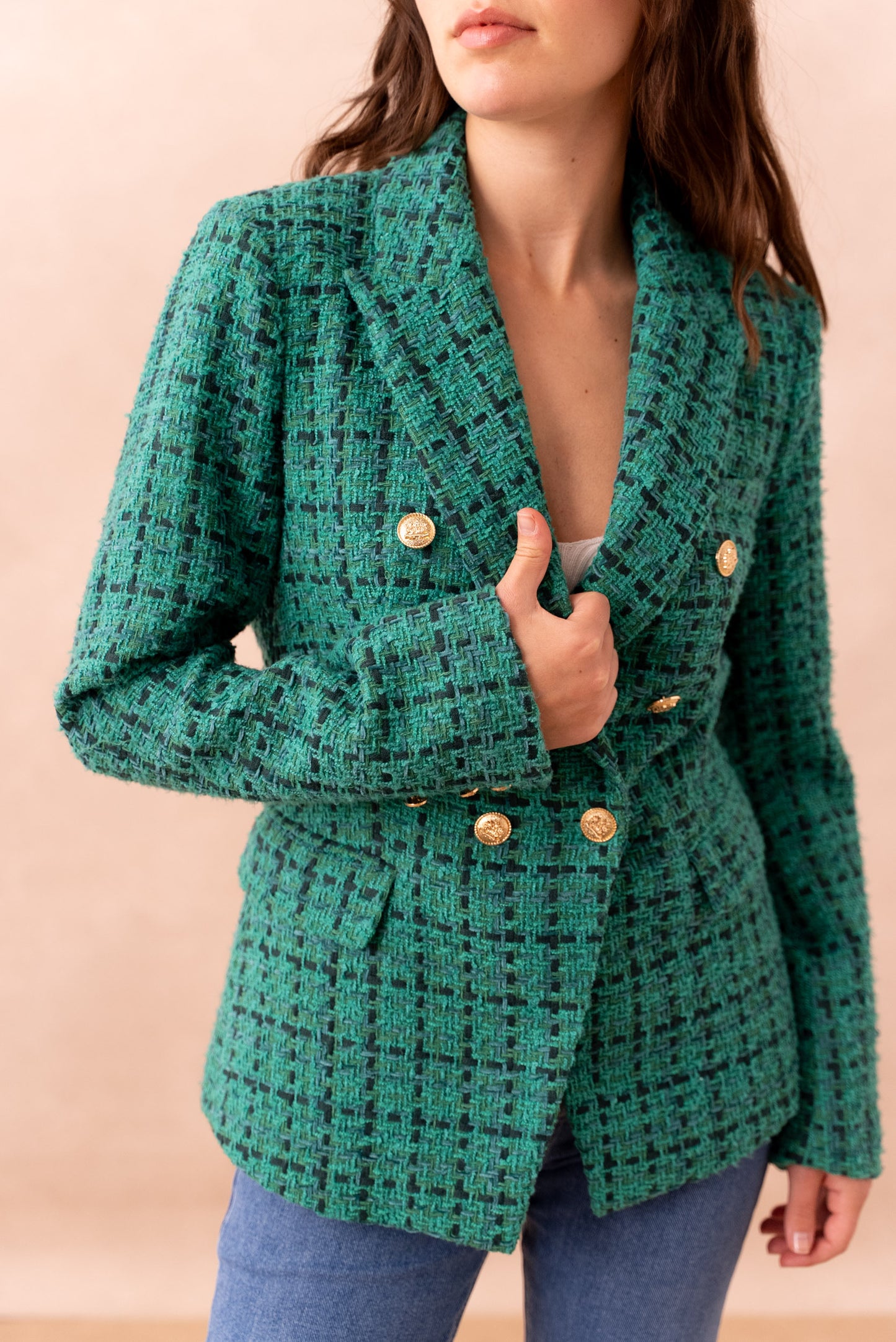 Σακάκι tweed σταυρωτό πράσινο