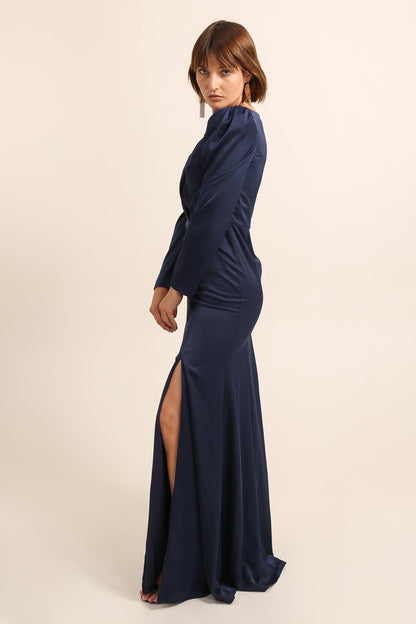 Φόρεμα μάξι μπλε σκούρο με μακρύ μανίκι σατέν